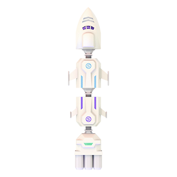 The white Spacivox rocket with a sleek and futuristic design made up of four modules.