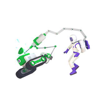 Un Spacinaute a les mains libres pendant qu'un bras robotisé sort de son sac spatial et fait une soudure sur un rover futuriste.