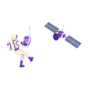 A weightless Spacinaut equipped with a white and purple remote control remotely controls a futuristic satellite approaching her in the distance in space.